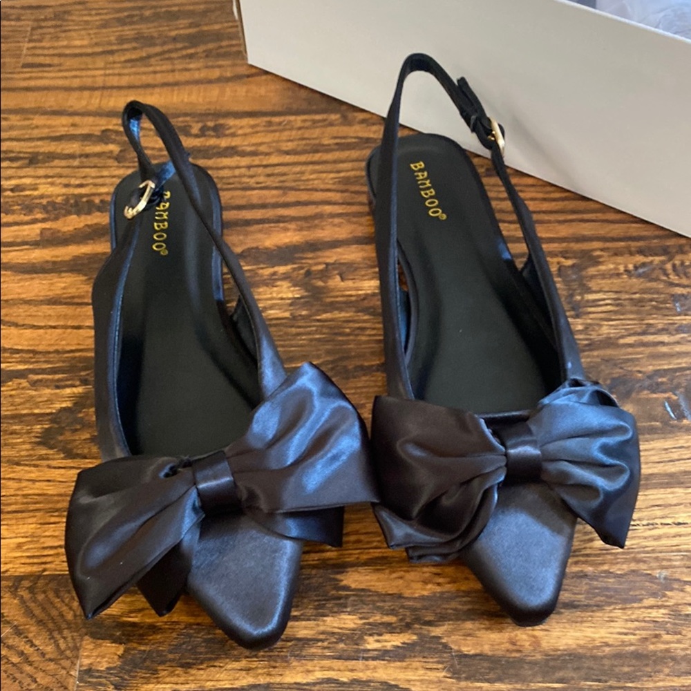 Bamboo Black Satin Bow Slingback Flats